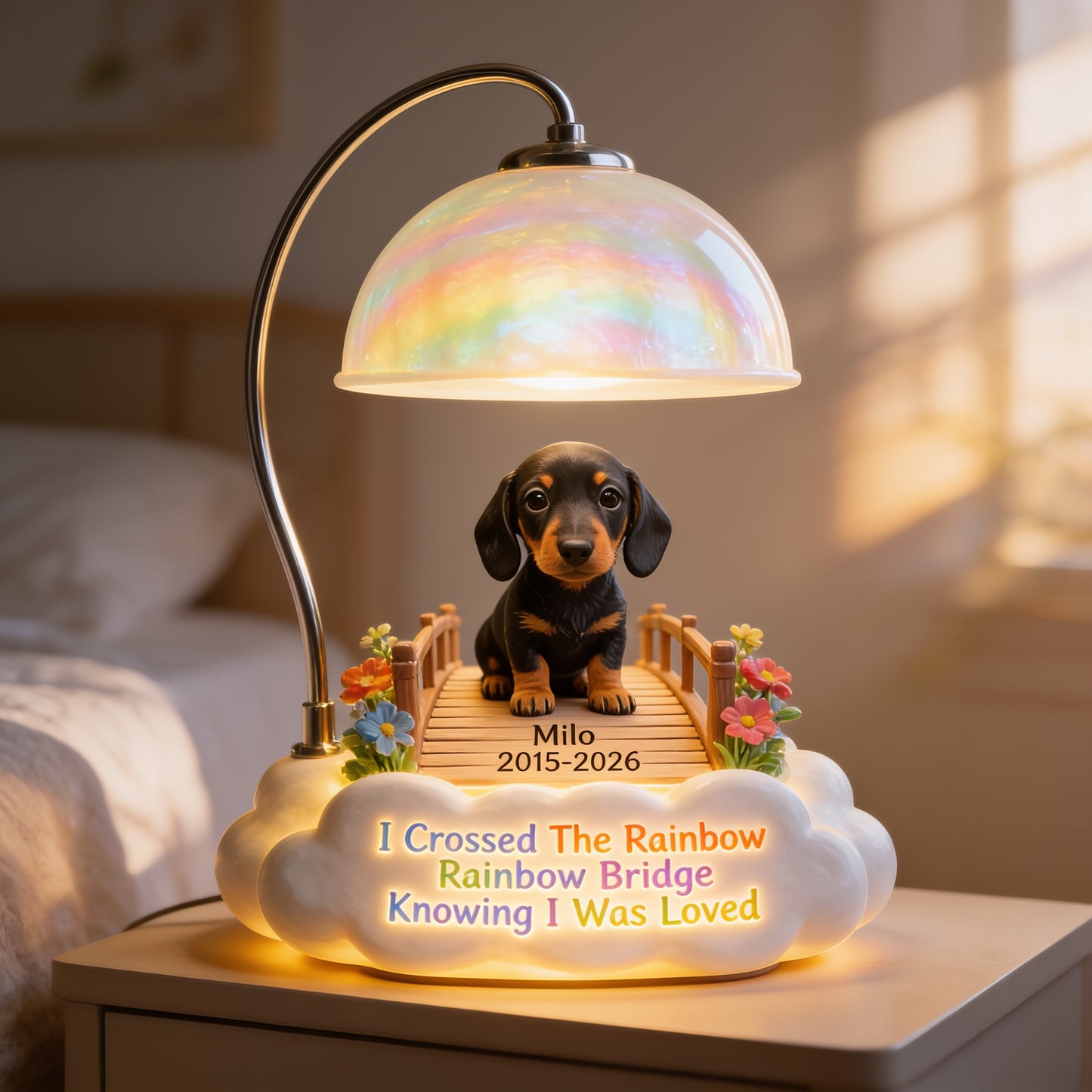 Personalisierte Schwarze & Braune Dackel Regenbogenbrücke Gedenk-Acryl-LED-Nachtlicht, Hundeverlust Erinnerungs-Geschenk