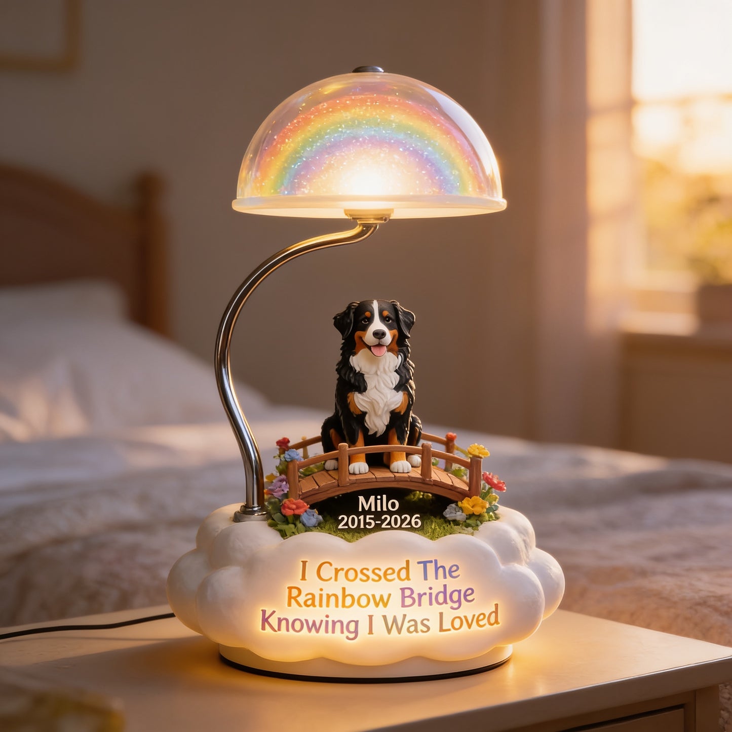 Personalisierte Tri-Color Australian Shepherd Rainbow Bridge Gedenk-Acryl LED Nachtlicht, Trostgeschenk für Tierverlust