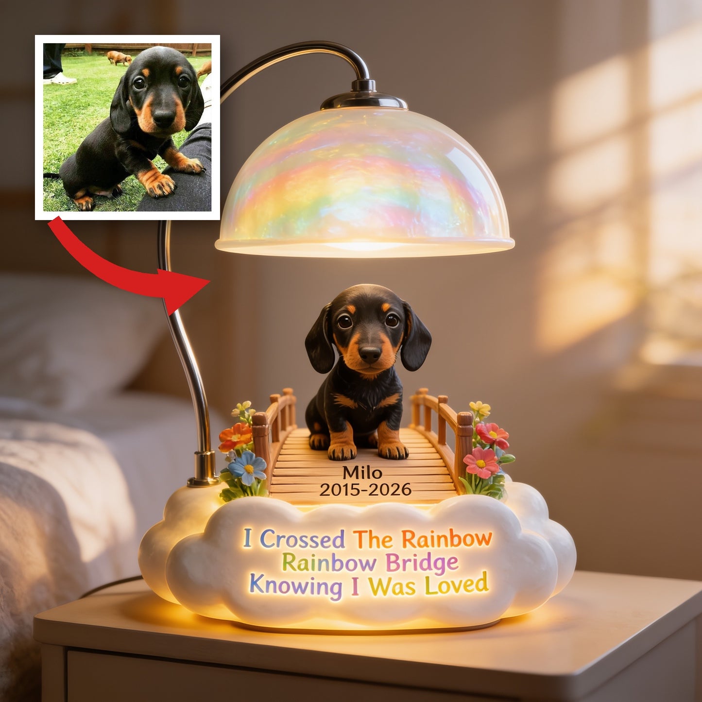 Personalisierte Schwarze & Braune Dackel Regenbogenbrücke Gedenk-Acryl-LED-Nachtlicht, Hundeverlust Erinnerungs-Geschenk