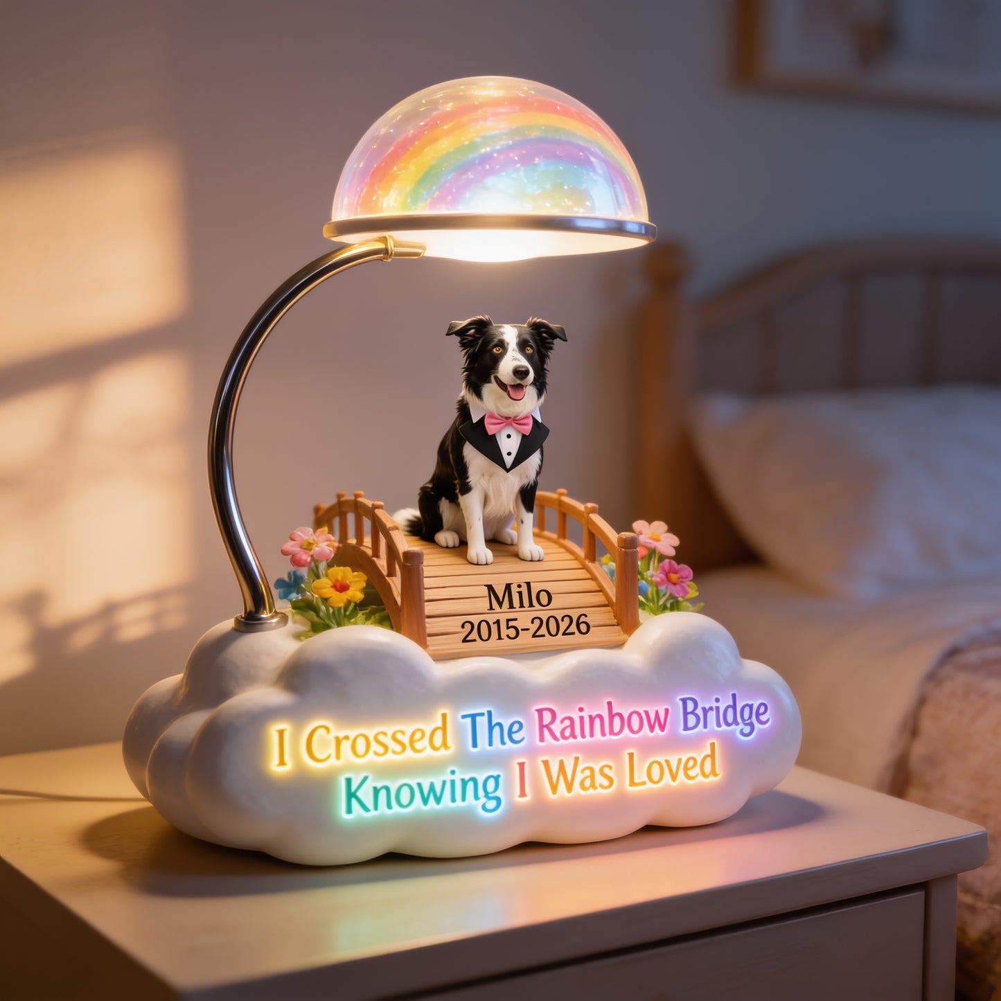 Personalisierte Regenbogenbrücke Border Collie Gedenk-Acryl-LED-Nachtlicht, individuelles Hundeverlust-Geschenk