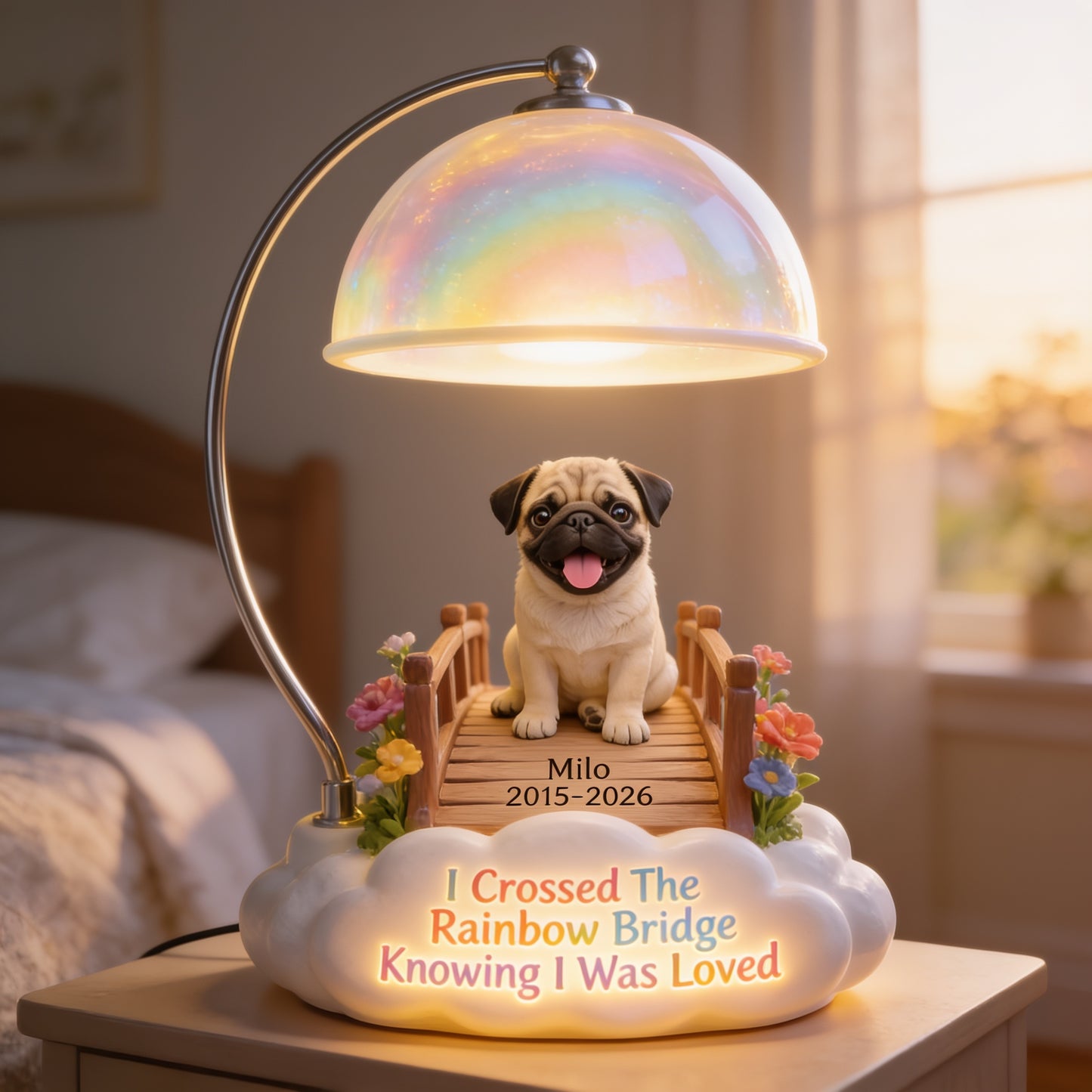 Personalisierte Fawn Pug Rainbow Bridge Gedenk-Acryl-LED-Nachtlicht, individuelles Haustierverlust-Geschenk für Hundebesitzer