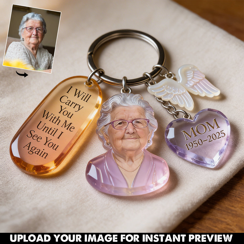 Custom Latin Man Portrait Memorial Keychain with Angel Charms, Personalized Photo Sympathy Remembrance Keepsake Gift
