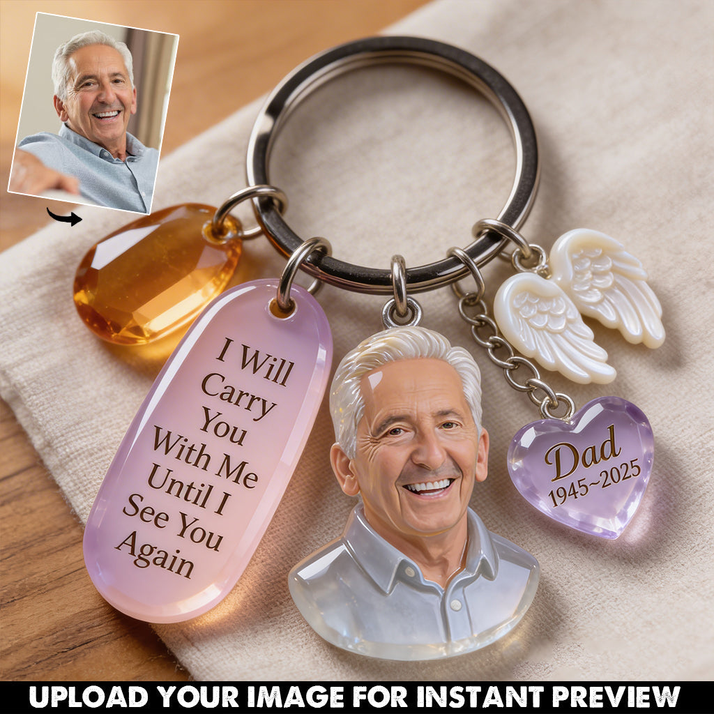 Personalized Black Man Photo Memorial Keychain with Angel Charms, Custom Sympathy Remembrance Keepsake Gift for Loved Ones