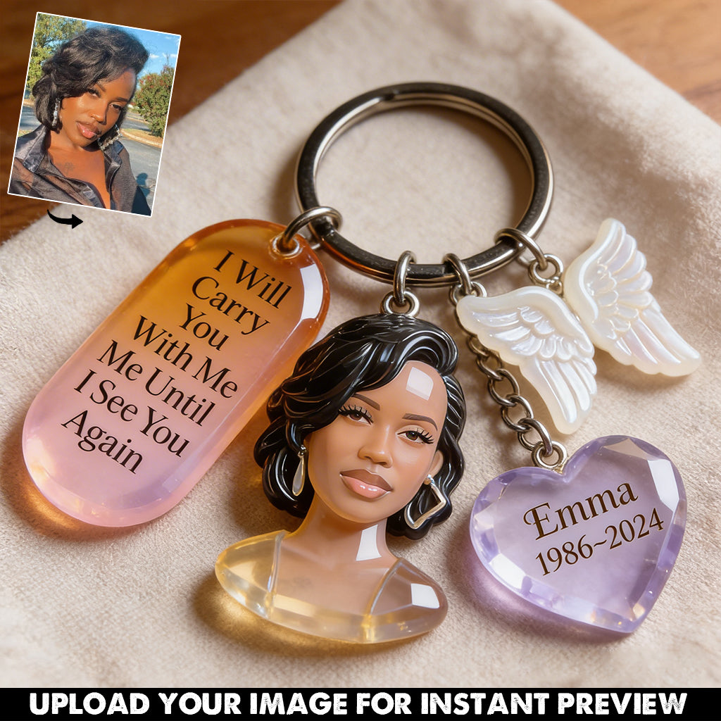 Personalized Black Man Photo Memorial Keychain with Angel Charms, Custom Sympathy Remembrance Keepsake Gift for Loved Ones