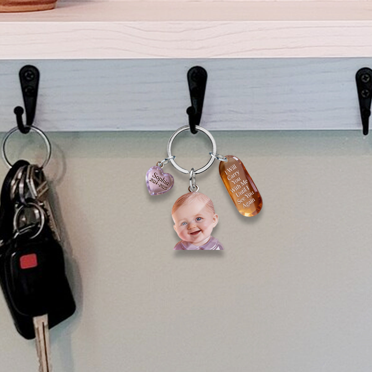 Custom Latin Woman Portrait Acrylic Memorial Keychain with Angel Wing Charms - Personalized Remembrance Sympathy Gift for Loved Ones