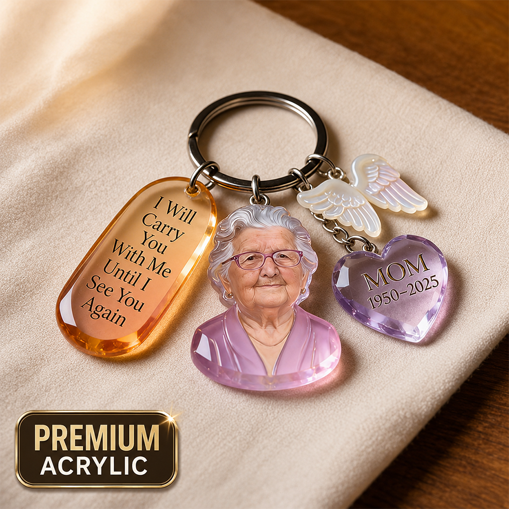 Personalized Black Man Photo Memorial Keychain with Angel Charms, Custom Sympathy Remembrance Keepsake Gift for Loved Ones