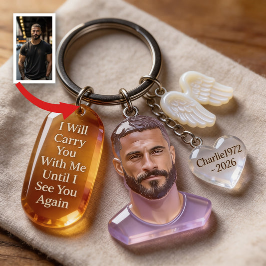 Custom Latin Man Portrait Memorial Keychain with Angel Charms, Personalized Photo Sympathy Remembrance Keepsake Gift
