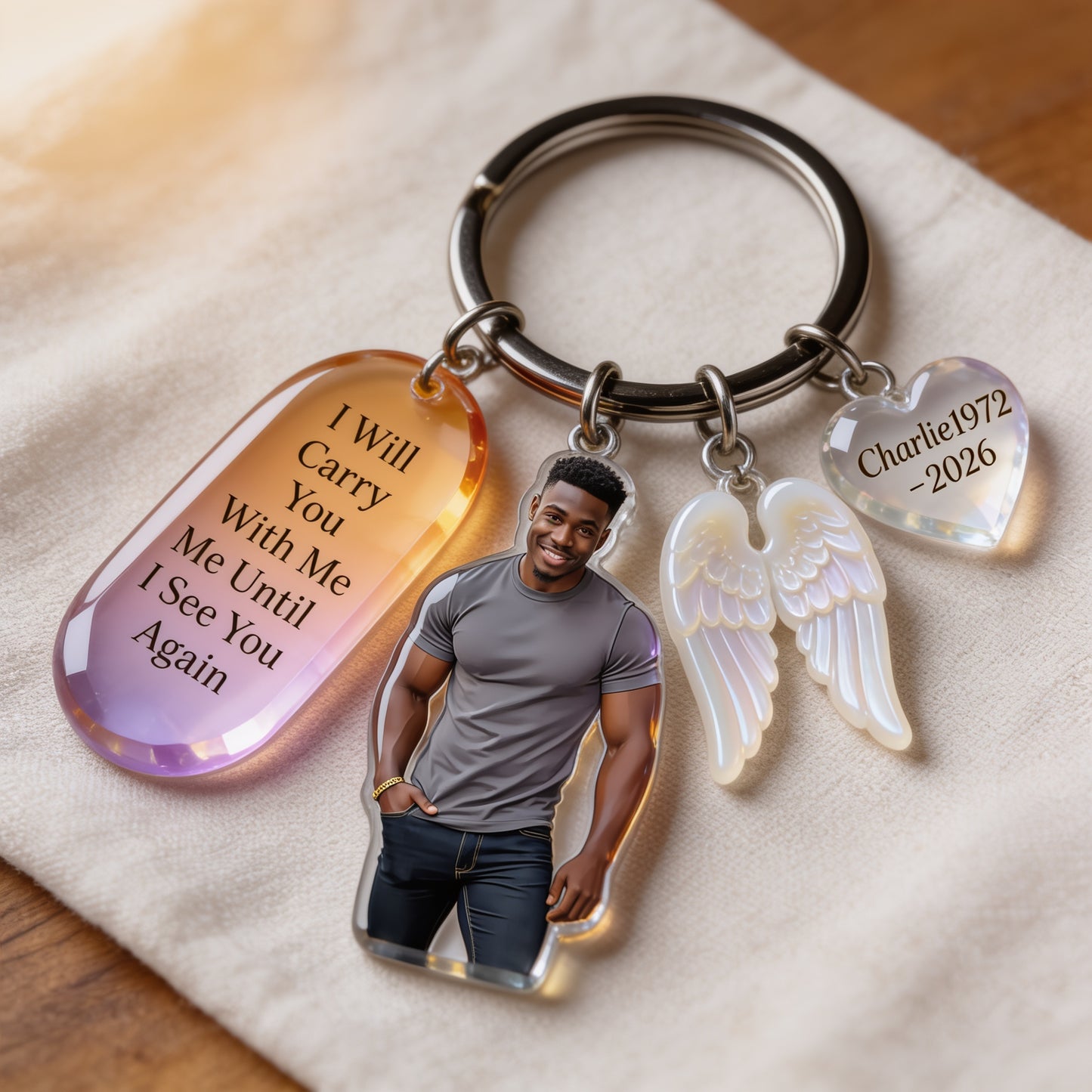 Personalized Black Man Photo Memorial Keychain with Angel Charms, Custom Sympathy Remembrance Keepsake Gift for Loved Ones
