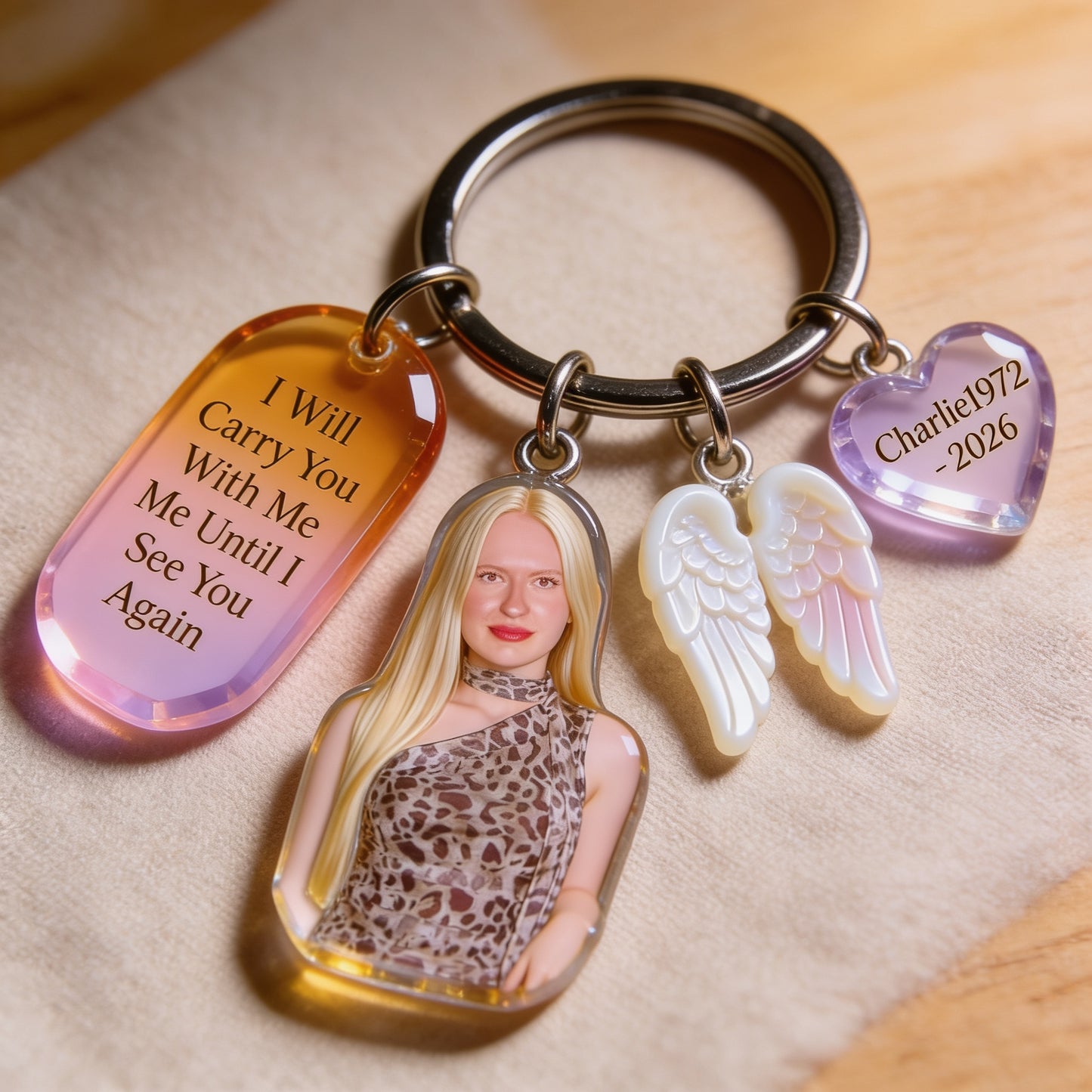 Custom Woman Portrait Memorial Keychain Personalized Sympathy Remembrance Keepsake with Angel Wing Charms Loss of Loved One Gift