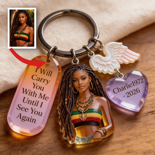 Personalized Custom Black Woman Portrait Memorial Keychain with Charms Sympathy Remembrance Keepsake Gift