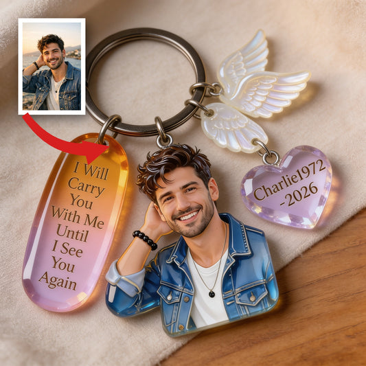 Personalized Custom Man Portrait Memorial Keychain with Angel Wing Charms, Sympathy Remembrance Keepsake Gift