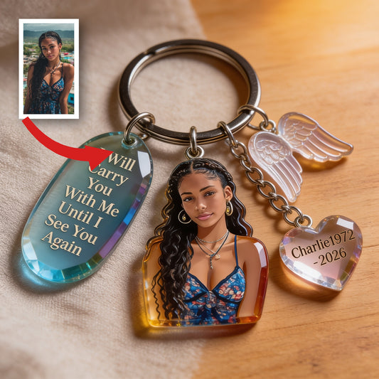 Custom Latin Woman Portrait Acrylic Memorial Keychain with Angel Wing Charms - Personalized Remembrance Sympathy Gift for Loved Ones
