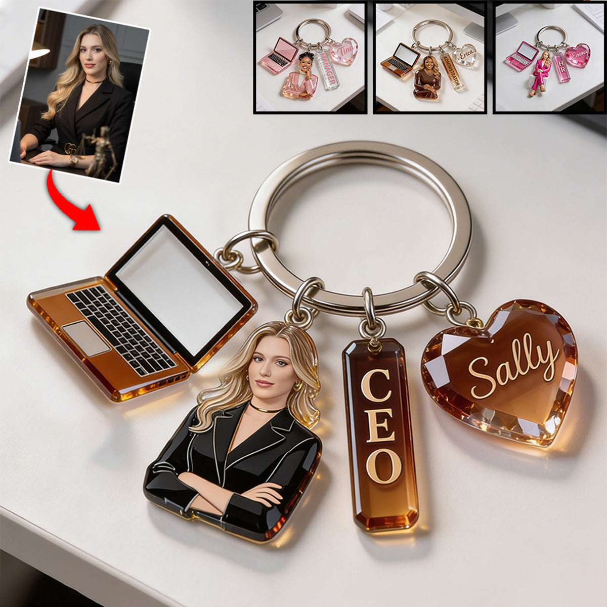 Personalisierter Schlüsselanhänger mit Porträt einer Kollegin - Individuelles Geschenk für das Büro