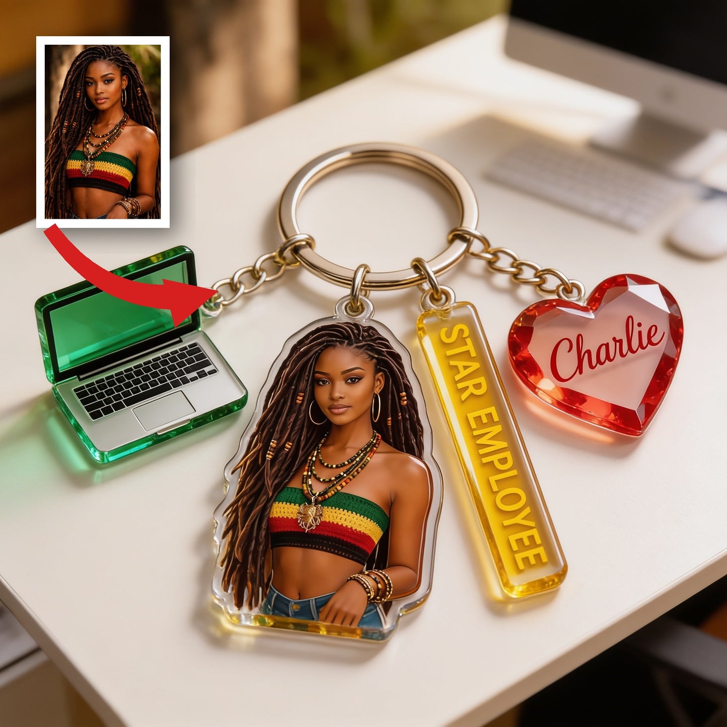 Porte-clés Portrait Femme Noire Personnalisé, Cadeau Appréciation Bureau Employé Étoile