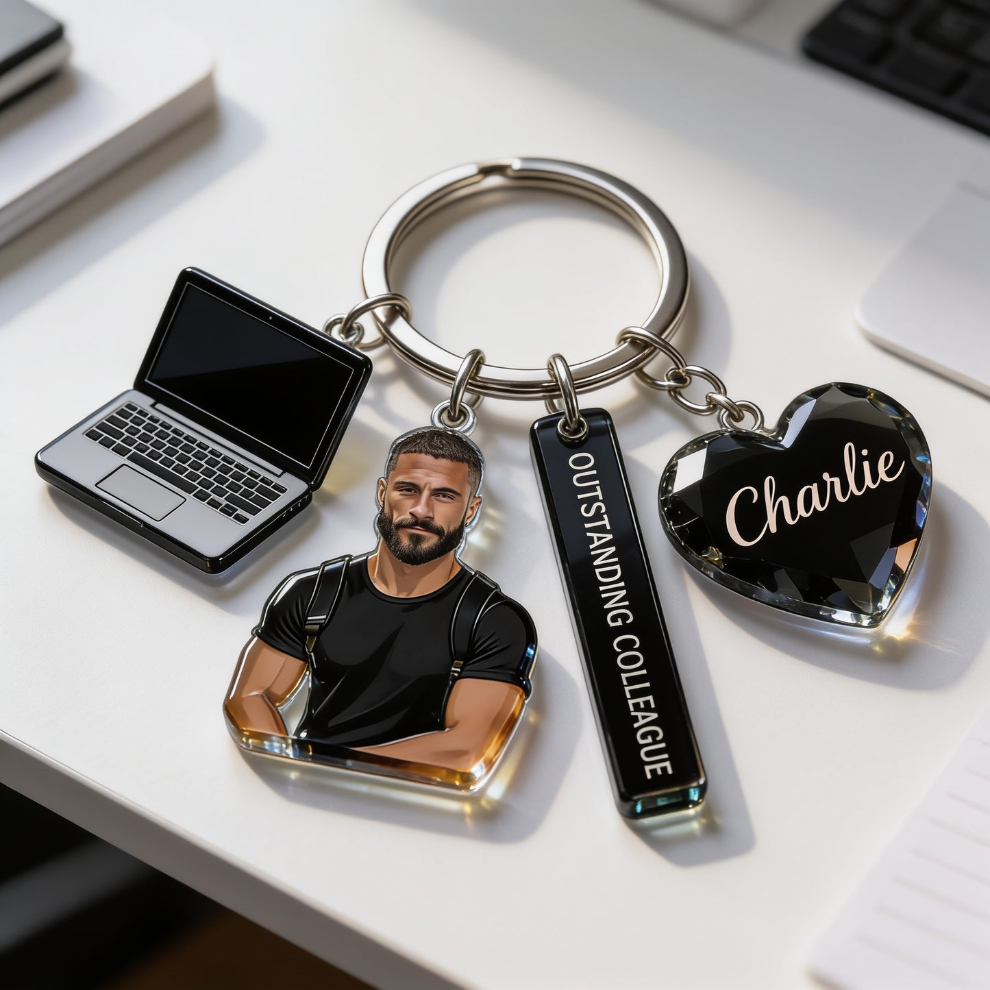 Personalized Adult Black Man Portrait Keychain, Custom Office Colleague Appreciation Gift With Themed Charms