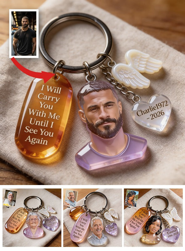 Personalized Custom Man Portrait Memorial Keychain with Angel Wing Charms, Sympathy Remembrance Keepsake Gift
