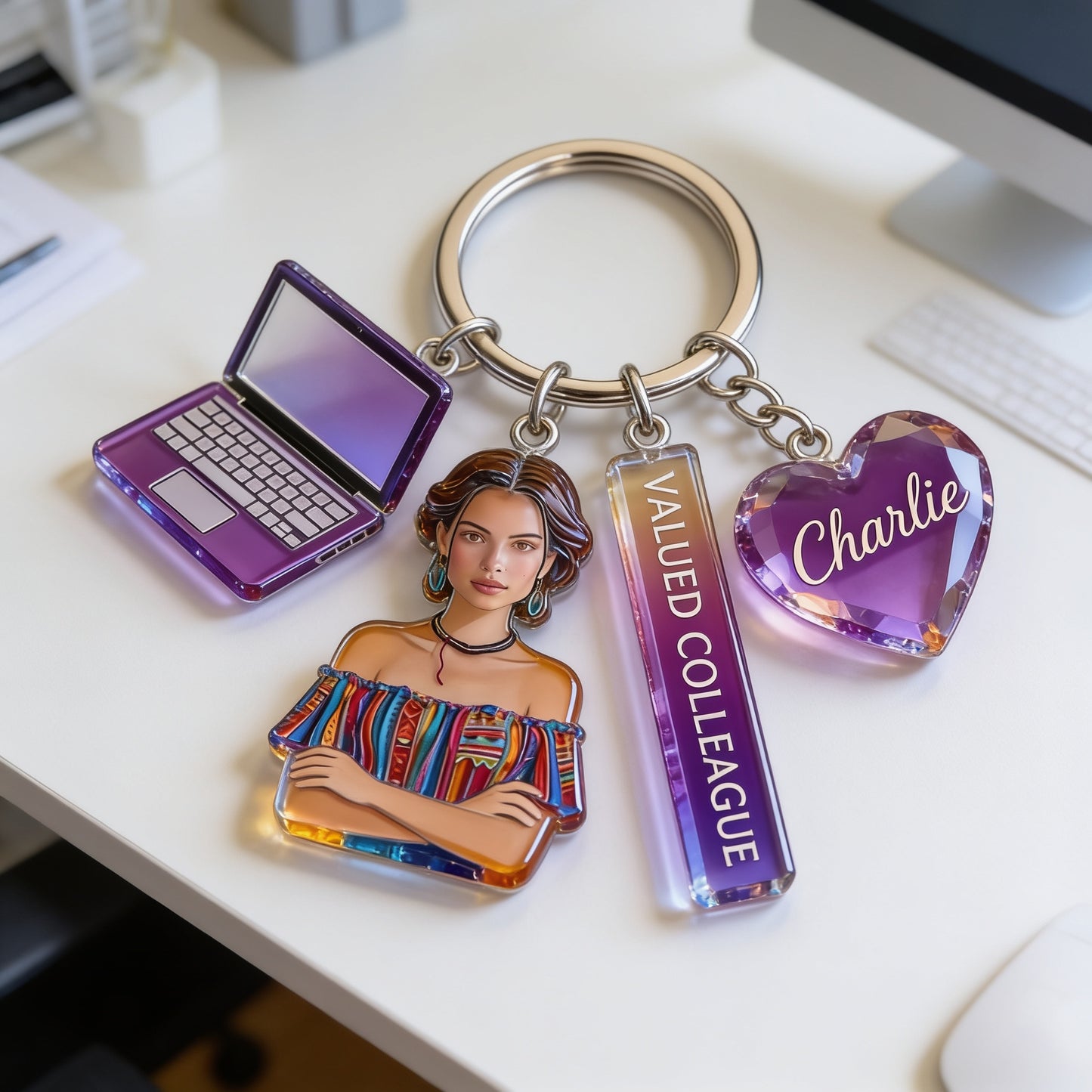 Personalisierter Schlüsselanhänger mit Porträt einer Kollegin - Individuelles Geschenk für das Büro
