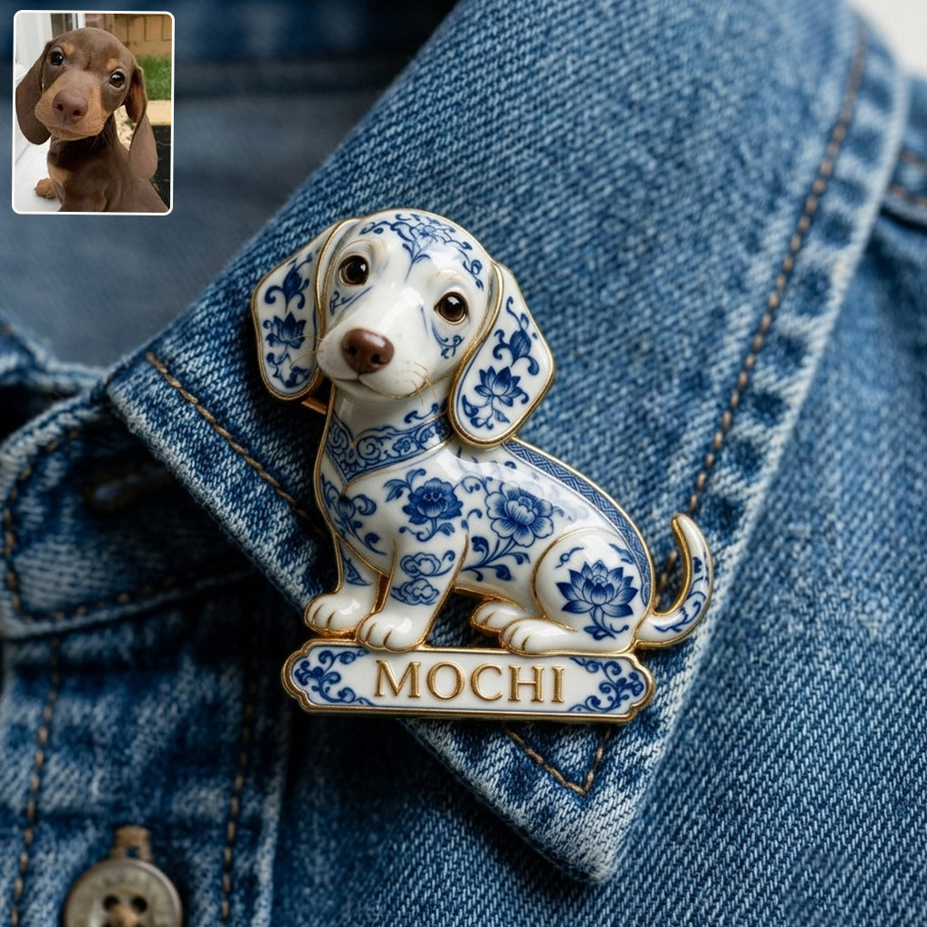 Personalized Blue & White Porcelain Fluffy Poodle 3D Embossed Enamel Pin, Poodle Owner Gift Accessory