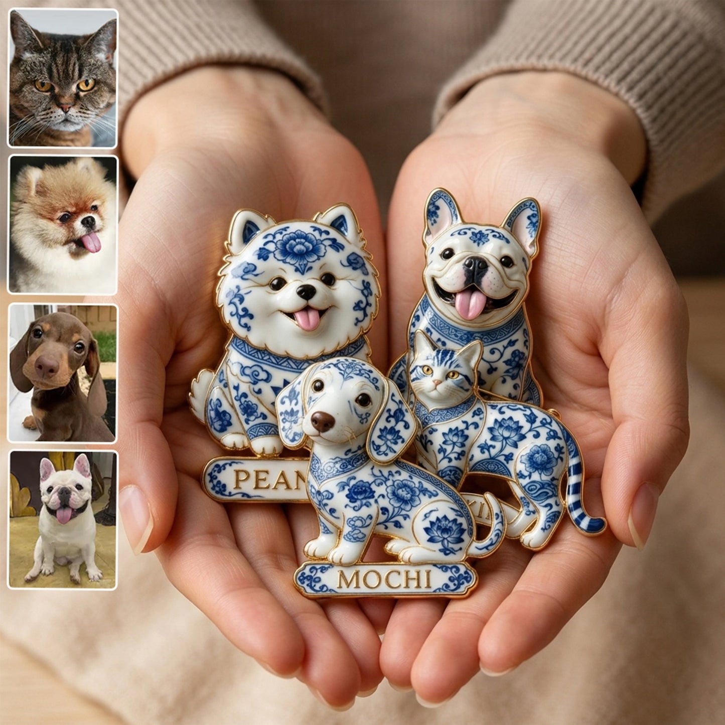 Personalisierte blaue & weiße Porzellan Bulldog 3D Relief Emaille-Anstecknadel, Geschenk für Hundeliebhaber