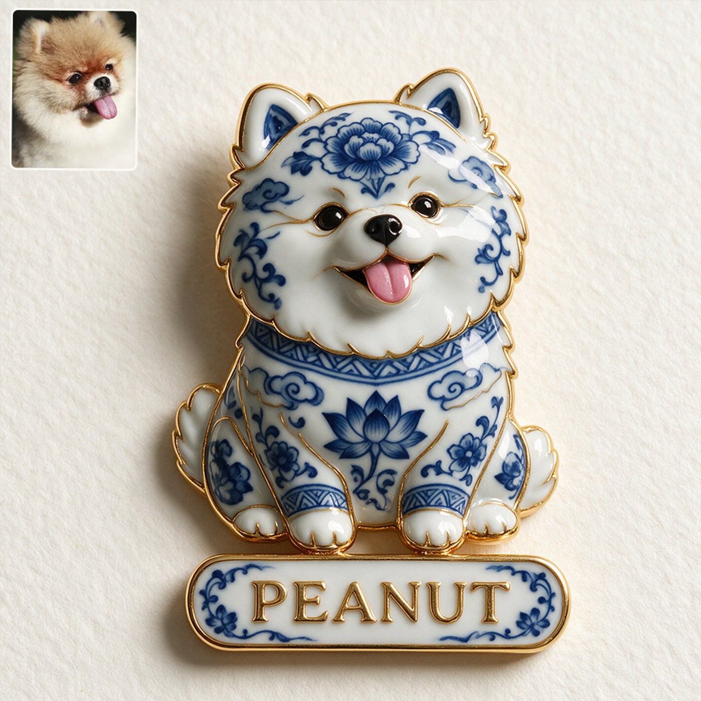Personalisierte blaue & weiße Porzellan Bulldog 3D Relief Emaille-Anstecknadel, Geschenk für Hundeliebhaber