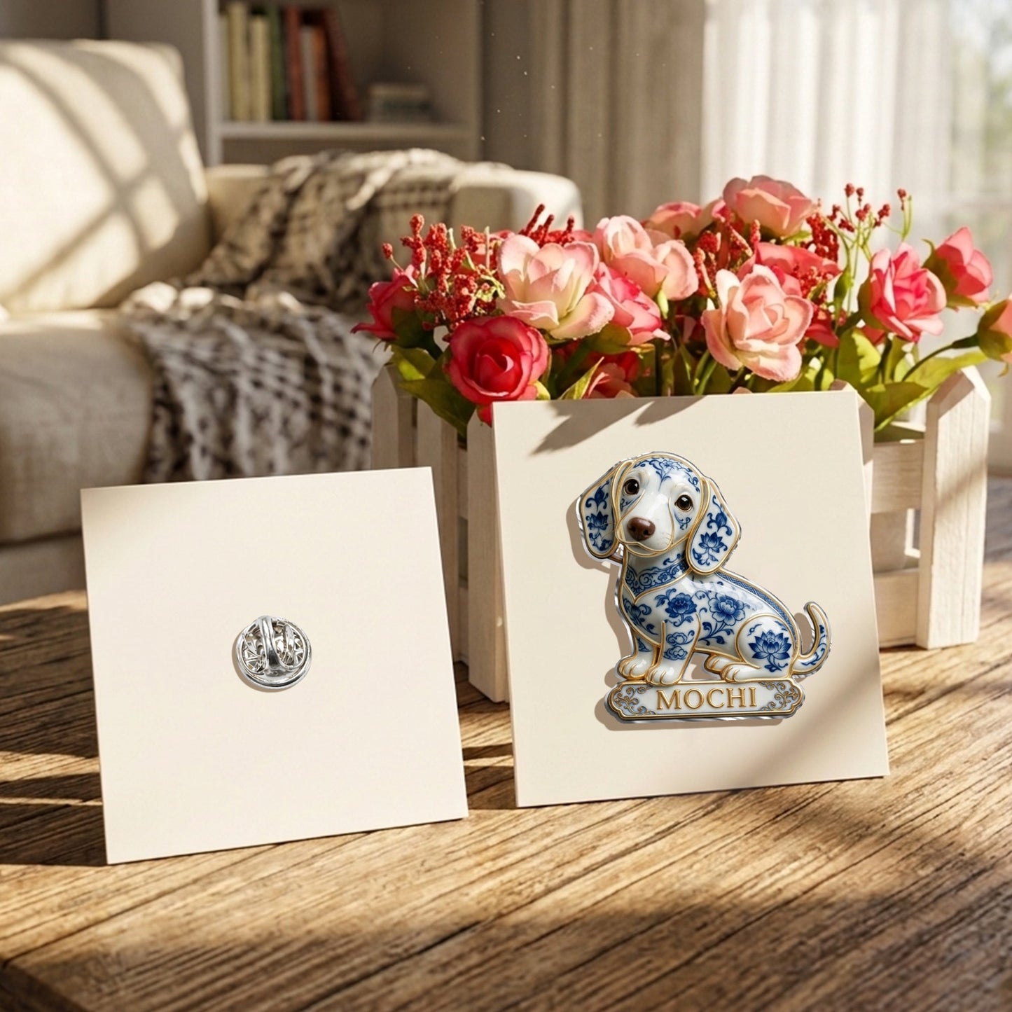 Personalisierte blaue & weiße Porzellan Welsh Corgi 3D-Relief Emaille-Anstecknadel, Geschenk für Corgi-Besitzer