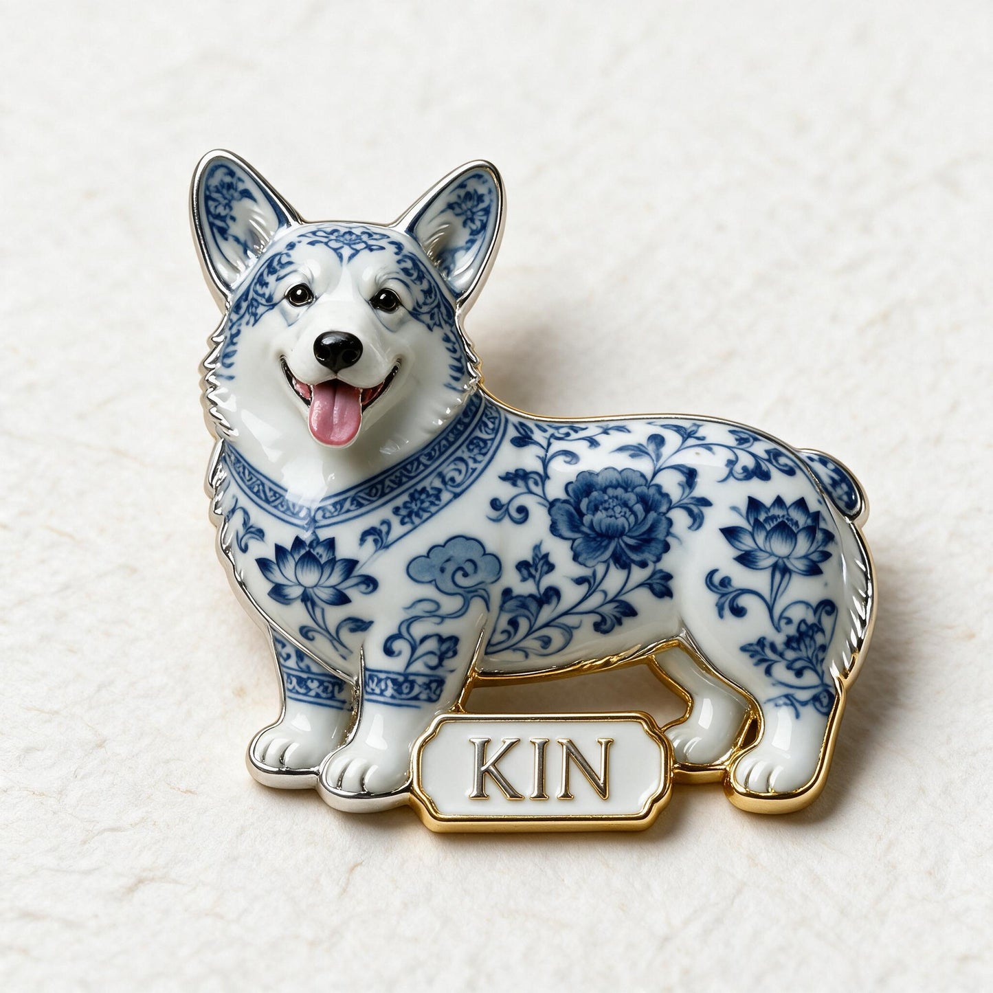 Personalisierte blaue & weiße Porzellan Welsh Corgi 3D-Relief Emaille-Anstecknadel, Geschenk für Corgi-Besitzer