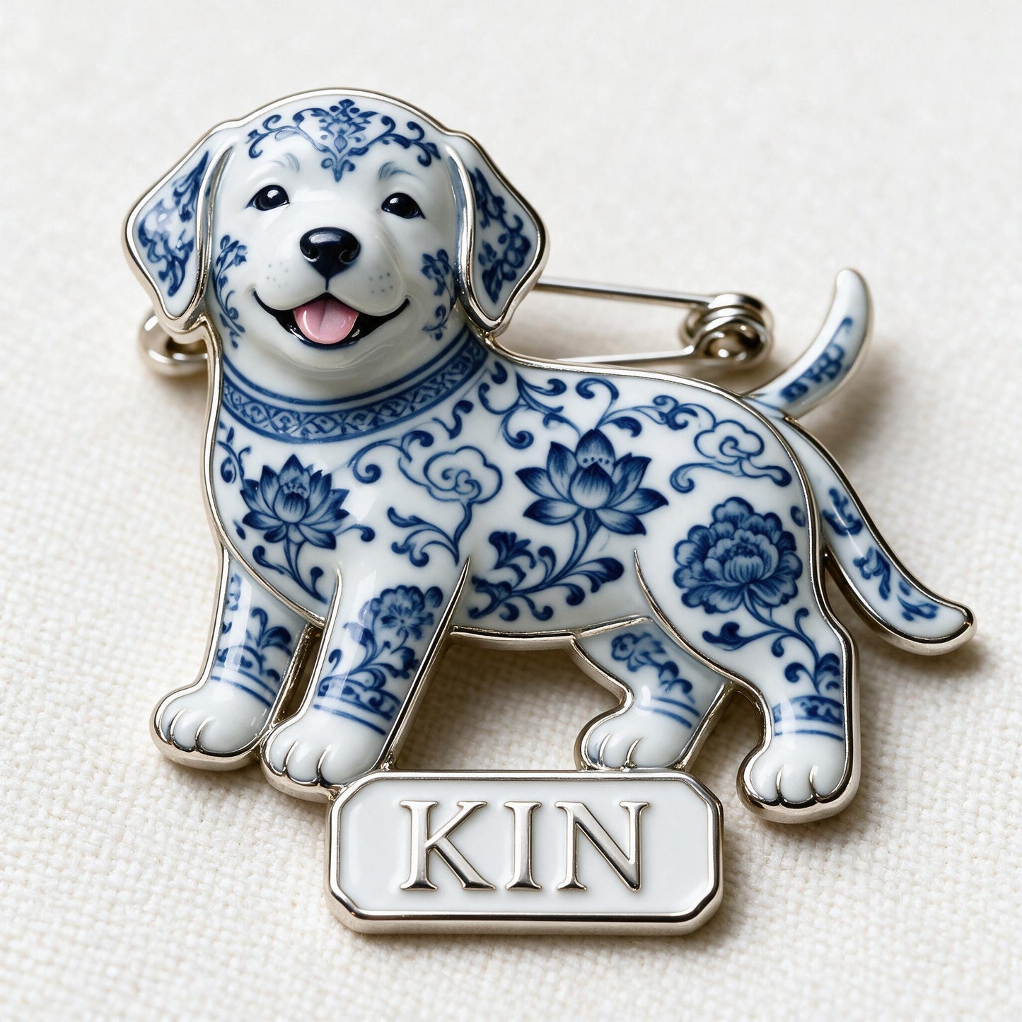 Épinglette en Émail 3D Personnalisée Labrador Retriever en Porcelaine Bleue & Blanche, Cadeau pour Amoureux des Chiens