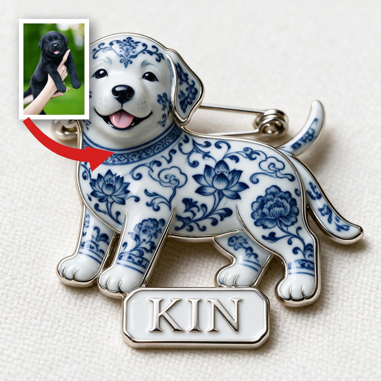 Épinglette en Émail 3D Personnalisée Labrador Retriever en Porcelaine Bleue & Blanche, Cadeau pour Amoureux des Chiens