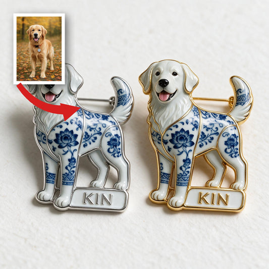 Épinglette en Émail 3D Personnalisée Golden Retriever en Porcelaine Bleue & Blanche, Cadeau pour Amoureux des Chiens