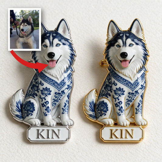 Épinglette en Émail 3D Personnalisée Husky Sibérien en Porcelaine Bleue et Blanche