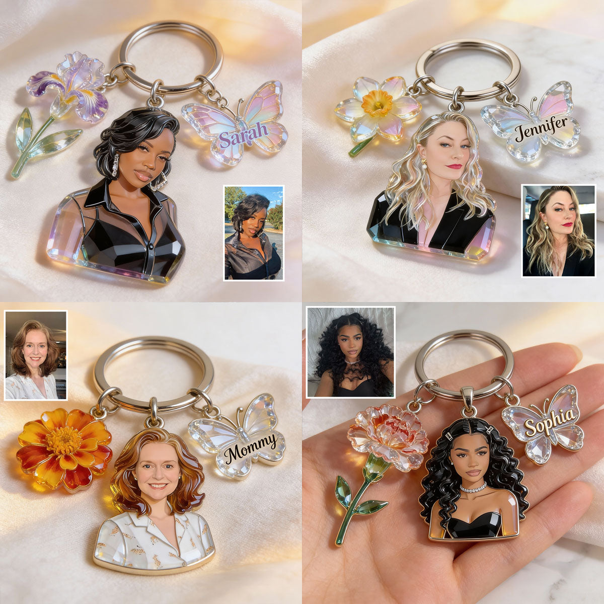 Personalized Smiling Black Grandma Portrait Keychain Custom Birth Flower Name Charm Thoughtful Grandmother Gift