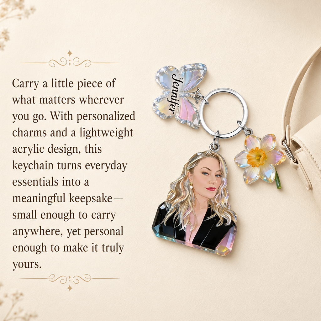 Personalized Grandma Portrait Keychain with Rose Butterfly Charms, Custom Sentimental Gift for Grandmother Keepsake