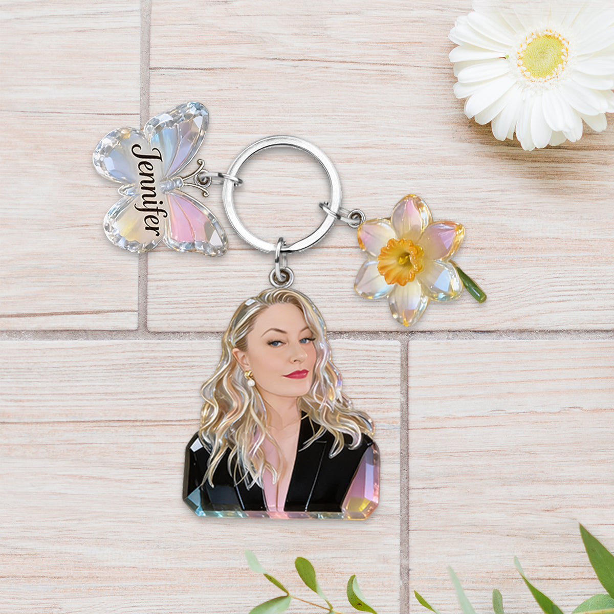 Personalized Latin Woman Portrait Acrylic Keychain Custom Name Peony Butterfly Charm Self Love Gift for Her