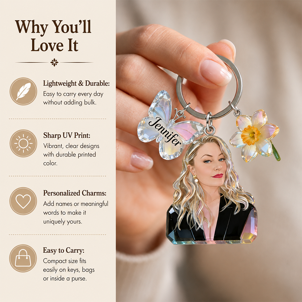 Personalized Grandma Portrait Keychain with Rose Butterfly Charms, Custom Sentimental Gift for Grandmother Keepsake