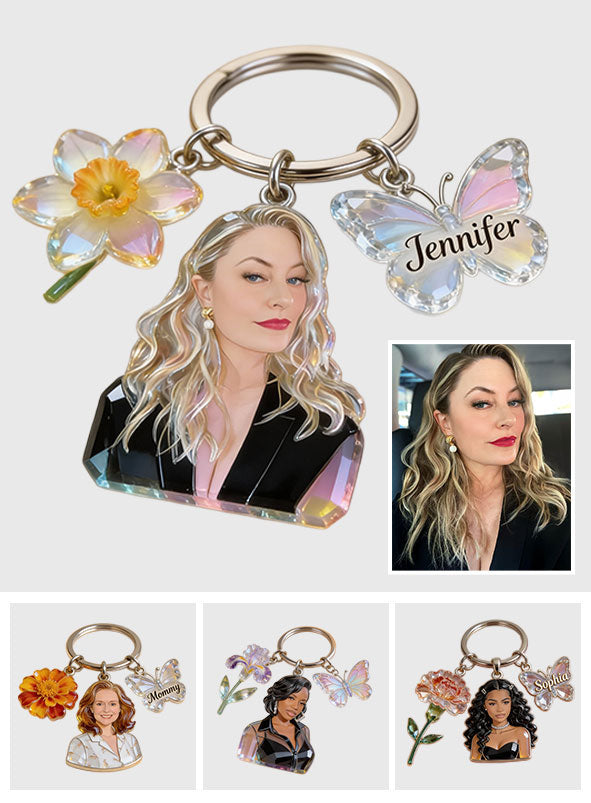 Personalized Grandma Portrait Keychain with Rose Butterfly Charms, Custom Sentimental Gift for Grandmother Keepsake