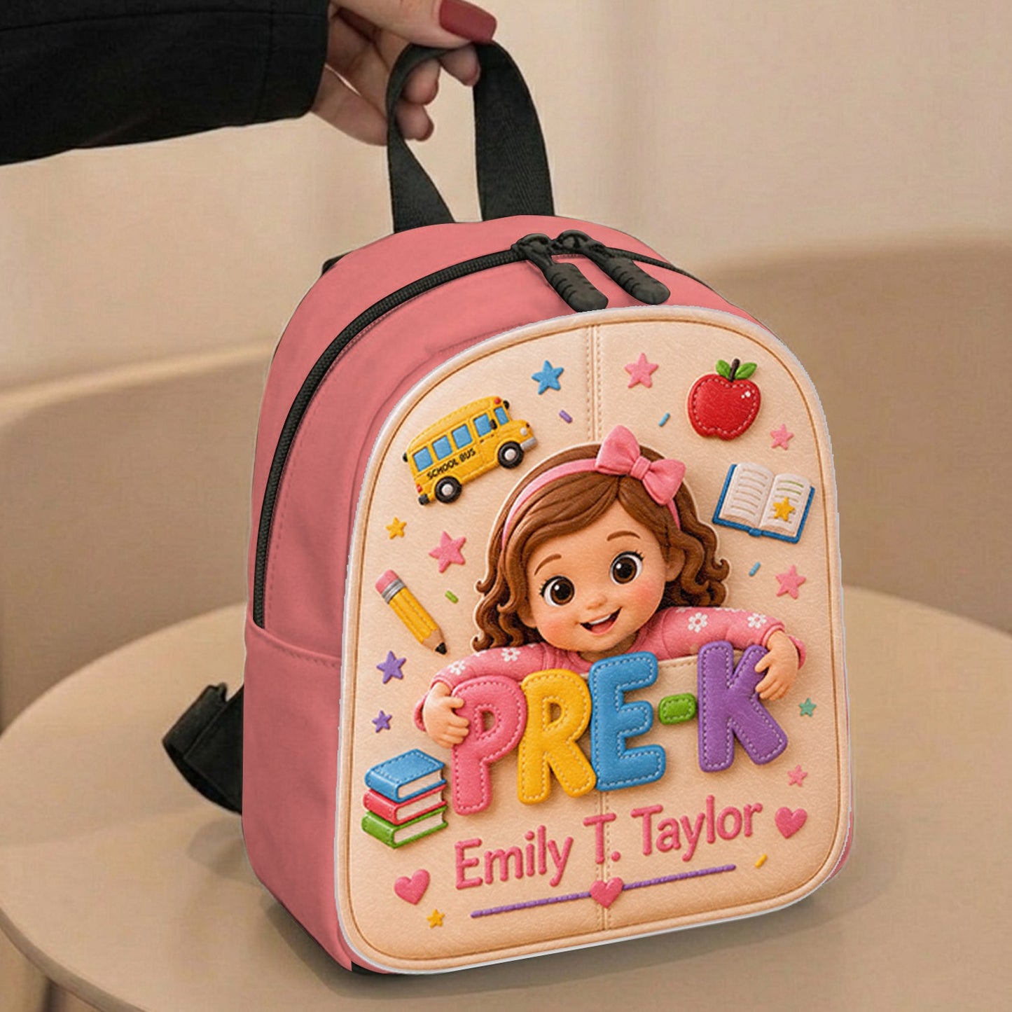 Personalized Curly Haired Little Boy Pre-K Backpack, Custom Back To School Gift for Kids, Removable Leather Patch School Bag