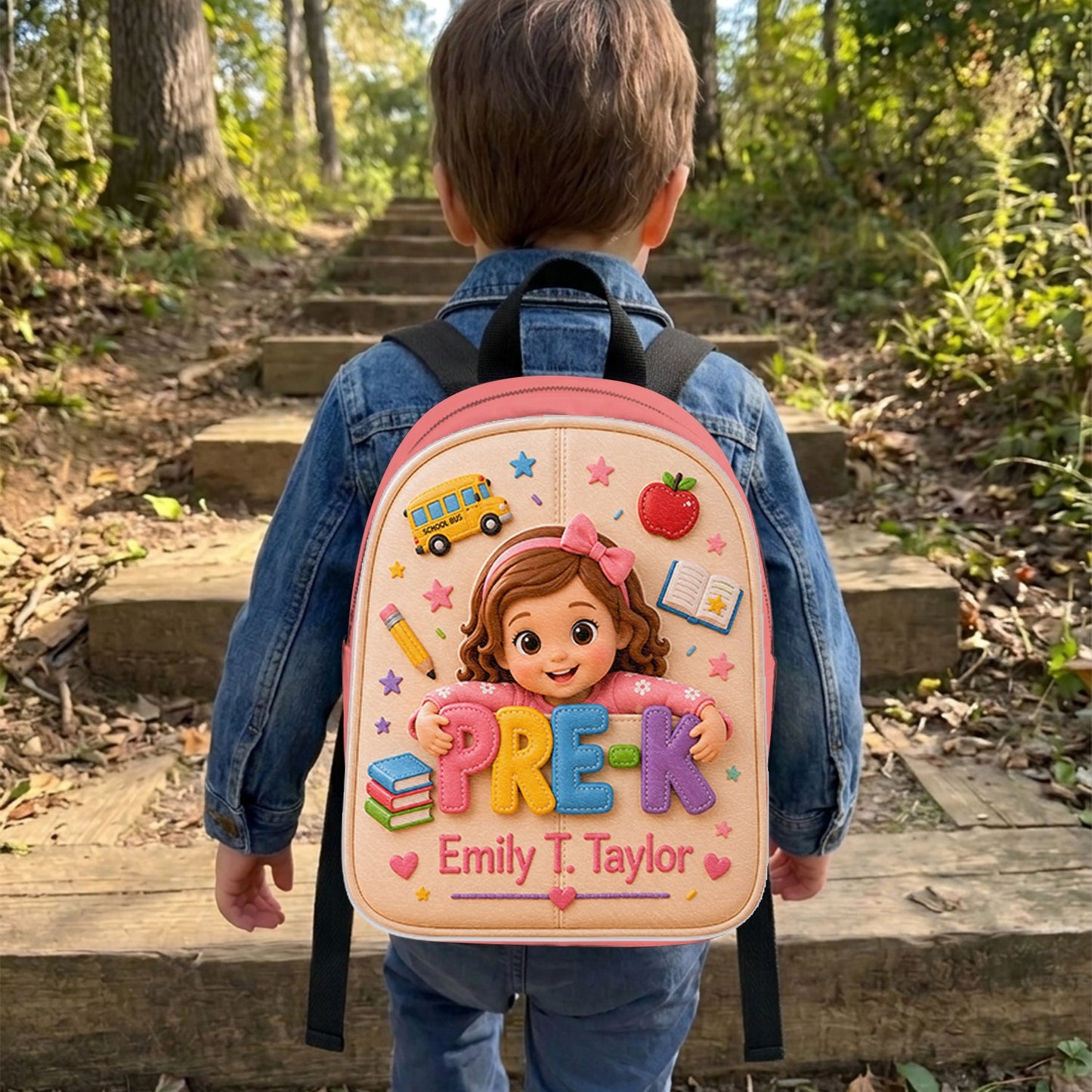 Cute Personalized Little Girl Pre-K Backpack, Custom Name Leather Patch Back to School Gift for Kids