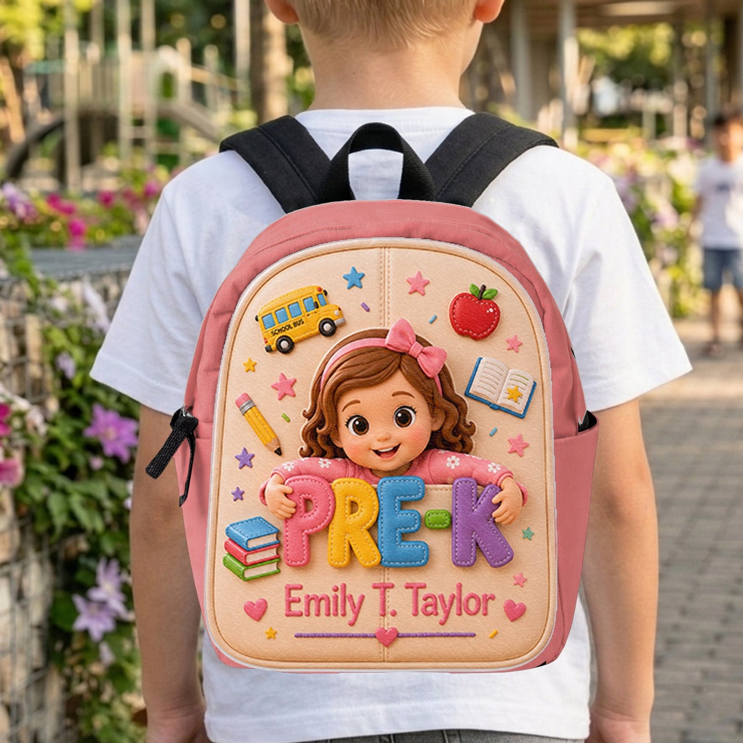 Personalized Little Pre-K Boy 3D Leather Patch Backpack | Cute Custom Back To School Gift For Toddler Black Kids