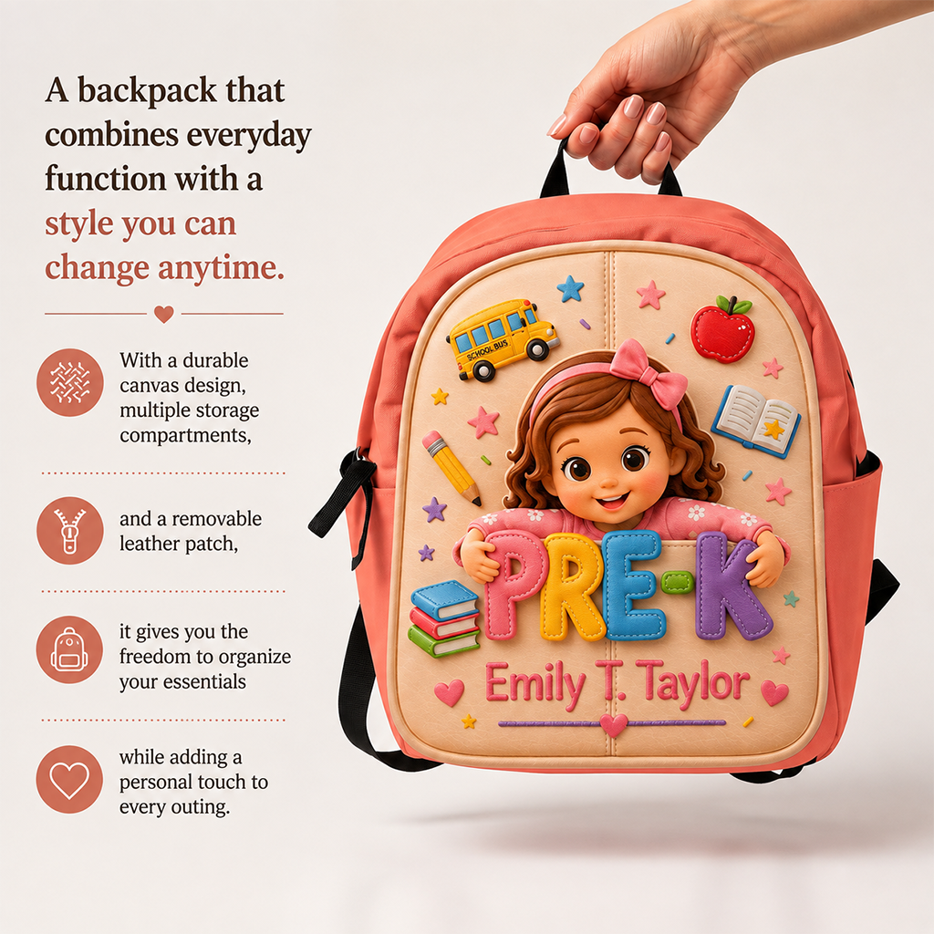 Personalized Curly Haired Little Boy Pre-K Backpack, Custom Back To School Gift for Kids, Removable Leather Patch School Bag