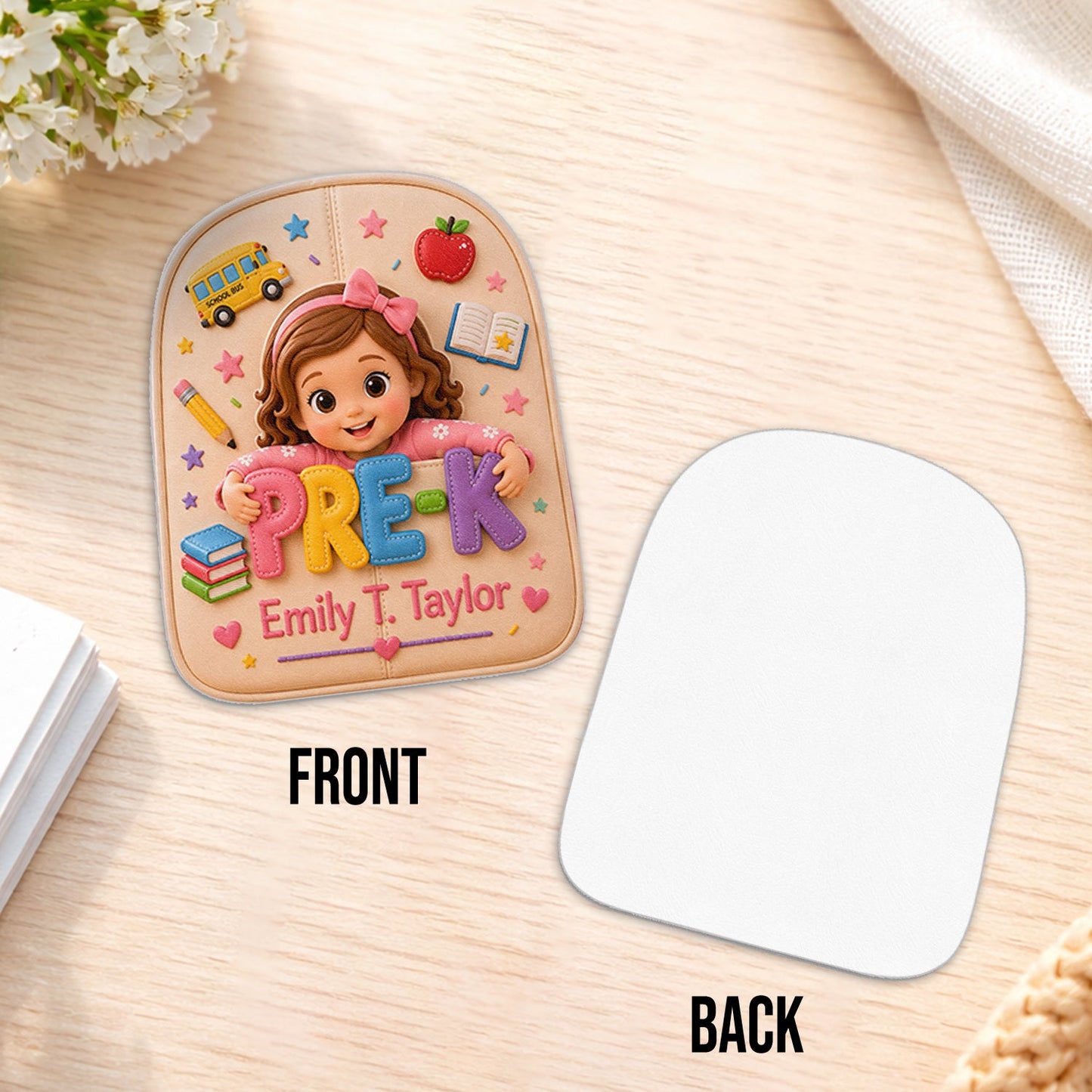 Personalized Curly Haired Little Boy Pre-K Backpack, Custom Back To School Gift for Kids, Removable Leather Patch School Bag