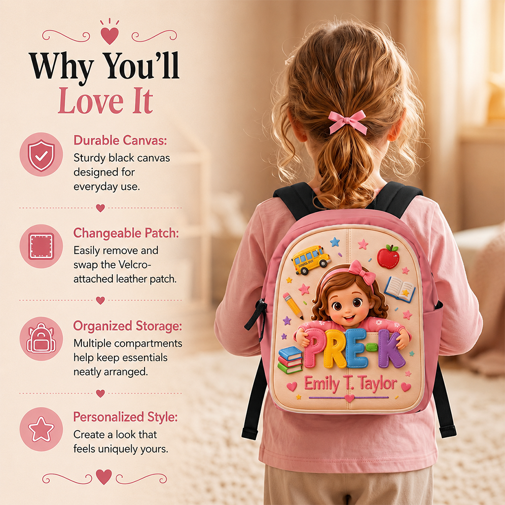 Personalized 3D Little Latina Girl Pre-K Backpack Custom Leather Patch Perfect Back To School Gift For Preschool Kids