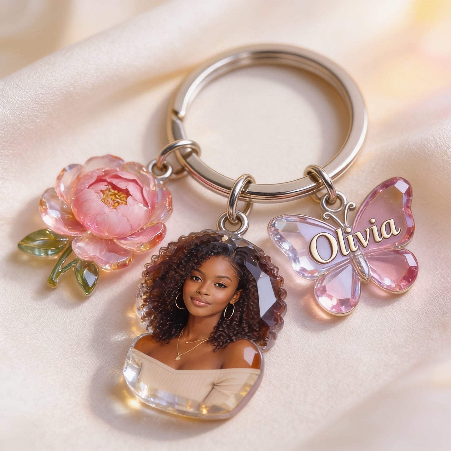 Personalized Black Woman Portrait Keychain - Custom Birth Flower & Name Charm Self Love Keepsake Gift