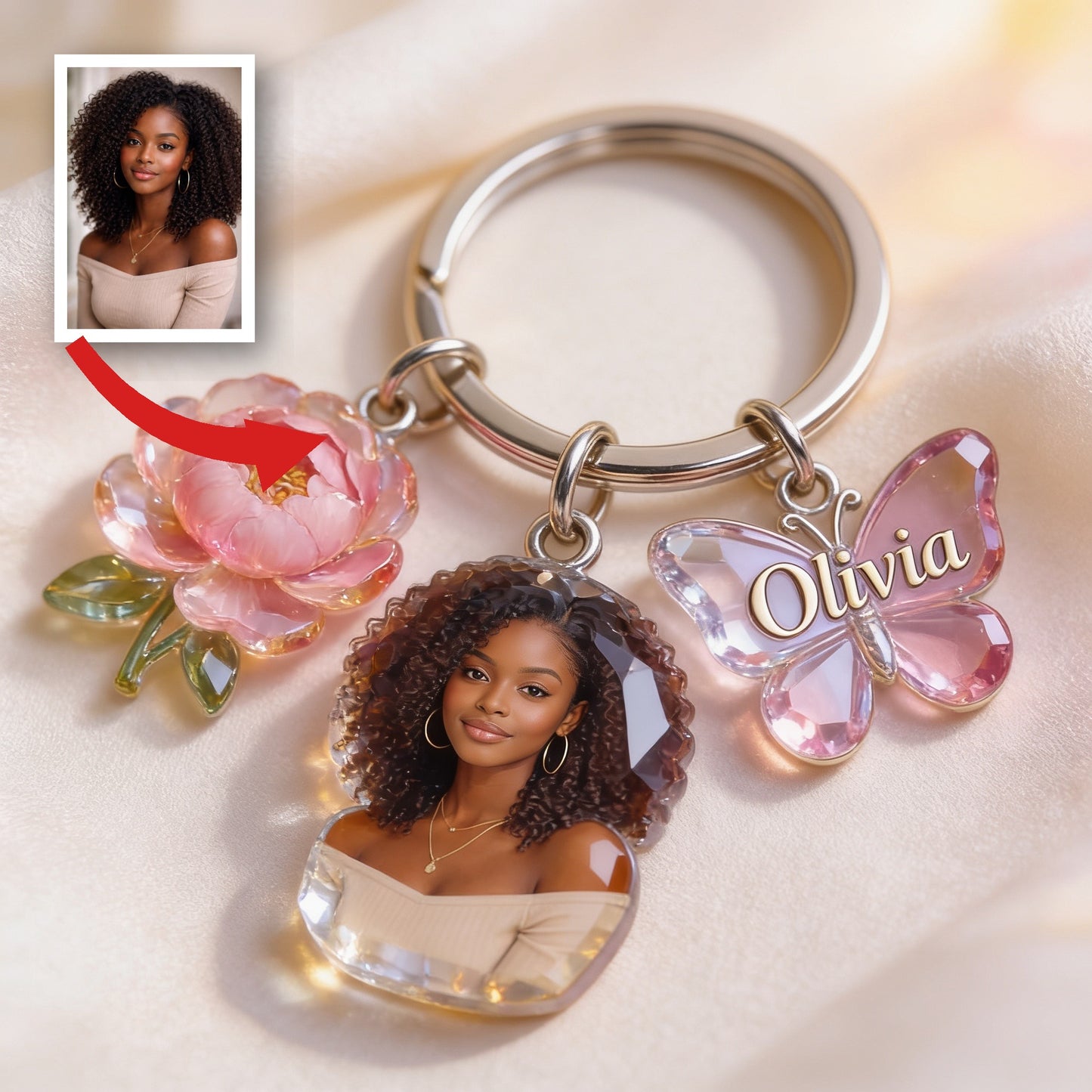 Personalized Black Woman Portrait Keychain - Custom Birth Flower & Name Charm Self Love Keepsake Gift