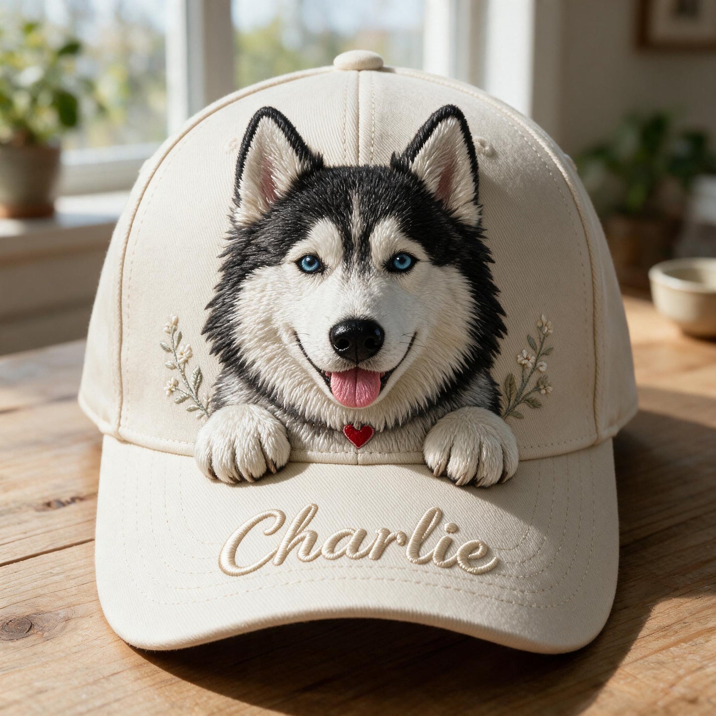 Personalized Fluffy Blue-Eyed Siberian Husky Classic Cap Custom Pet Hat Gift for Husky Lovers Outdoor Sun Protection