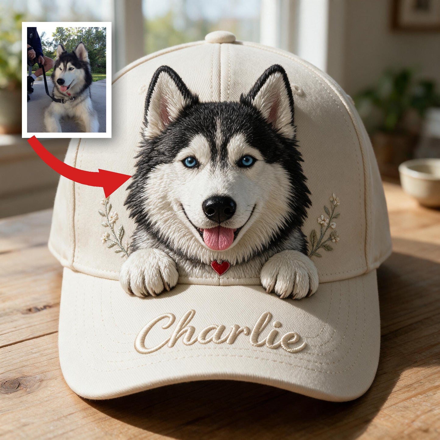 Personalized Fluffy Blue-Eyed Siberian Husky Classic Cap Custom Pet Hat Gift for Husky Lovers Outdoor Sun Protection