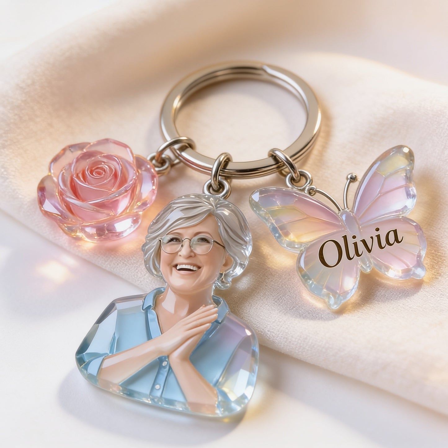 Custom Personalized Mom Portrait Keychain with Crystal Rose & Butterfly Charms, Sentimental Gift for Grandmother