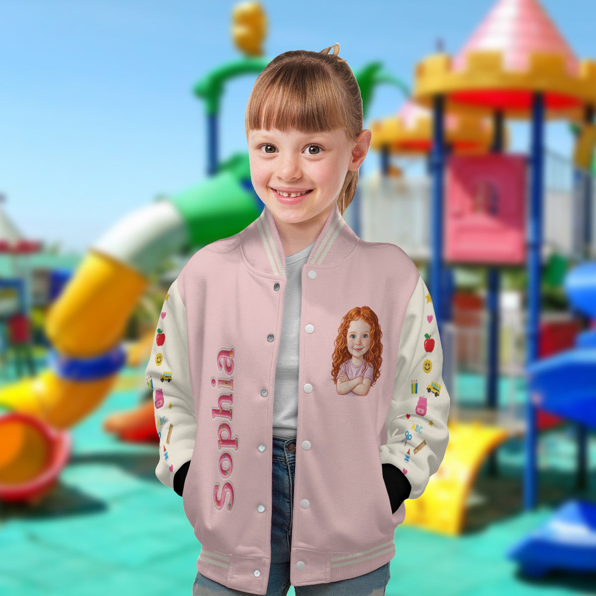 Custom Photo Latina Girl Pre-K Varsity Jacket Personalized Back To School Kid Gift Cute Pink Embroidered School Outerwear