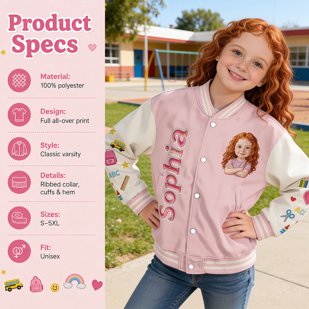 Personalized Pastel Pink Black Girl Back To School Varsity Jacket Custom Any Grade Kid Gift Outerwear