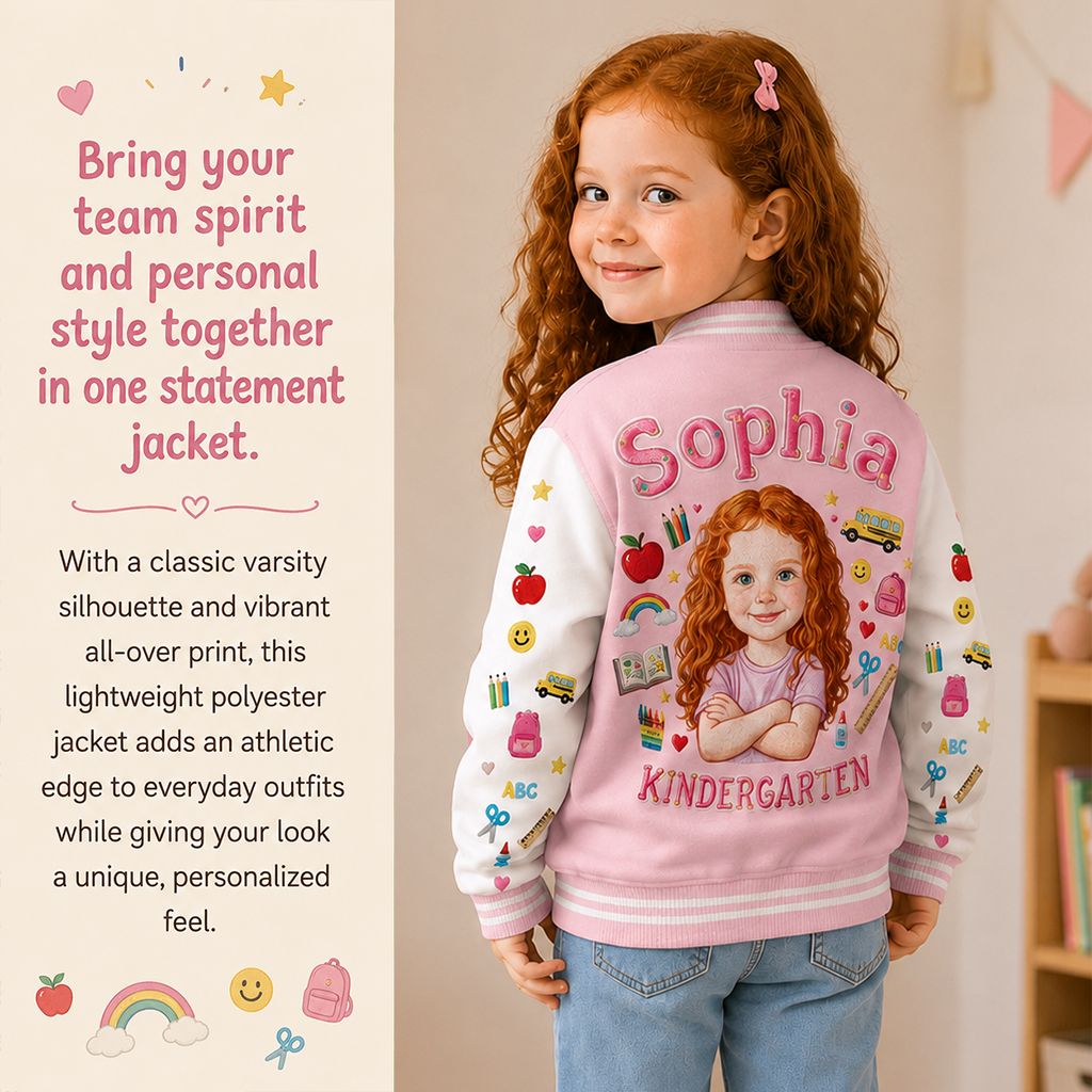 Custom Photo Latina Girl Pre-K Varsity Jacket Personalized Back To School Kid Gift Cute Pink Embroidered School Outerwear