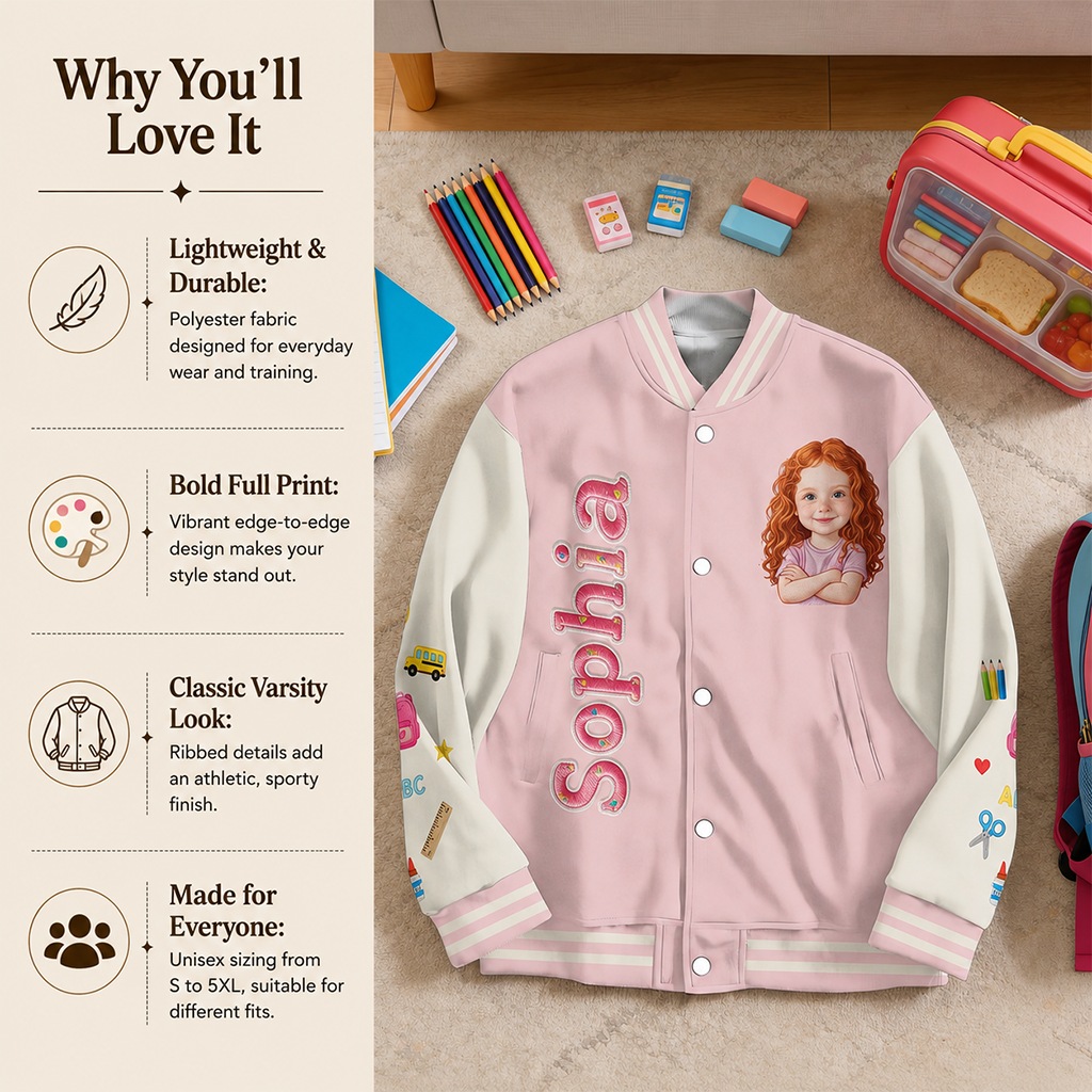 Personalized Little Girl Back To School Varsity Jacket Custom Photo Name Grade Kids Pre-K School Outfit Gift
